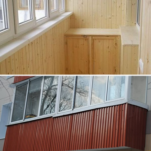 Отделка балкона деревянной вагонкой, снаружи профлист.